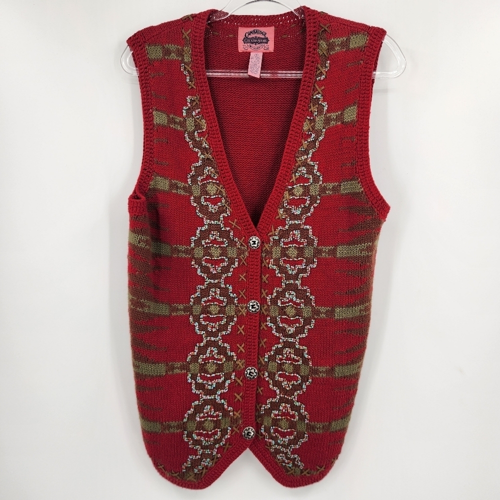 Cambridge Country Store Knit Beaded Sweater Vest Womens Size Small Red Western